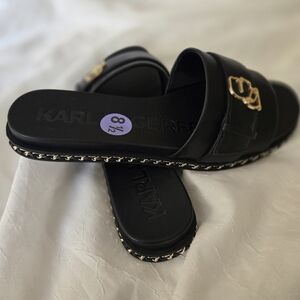 Karl Lagerfeld Black Slides with Gold Chain Accent Size 8.5